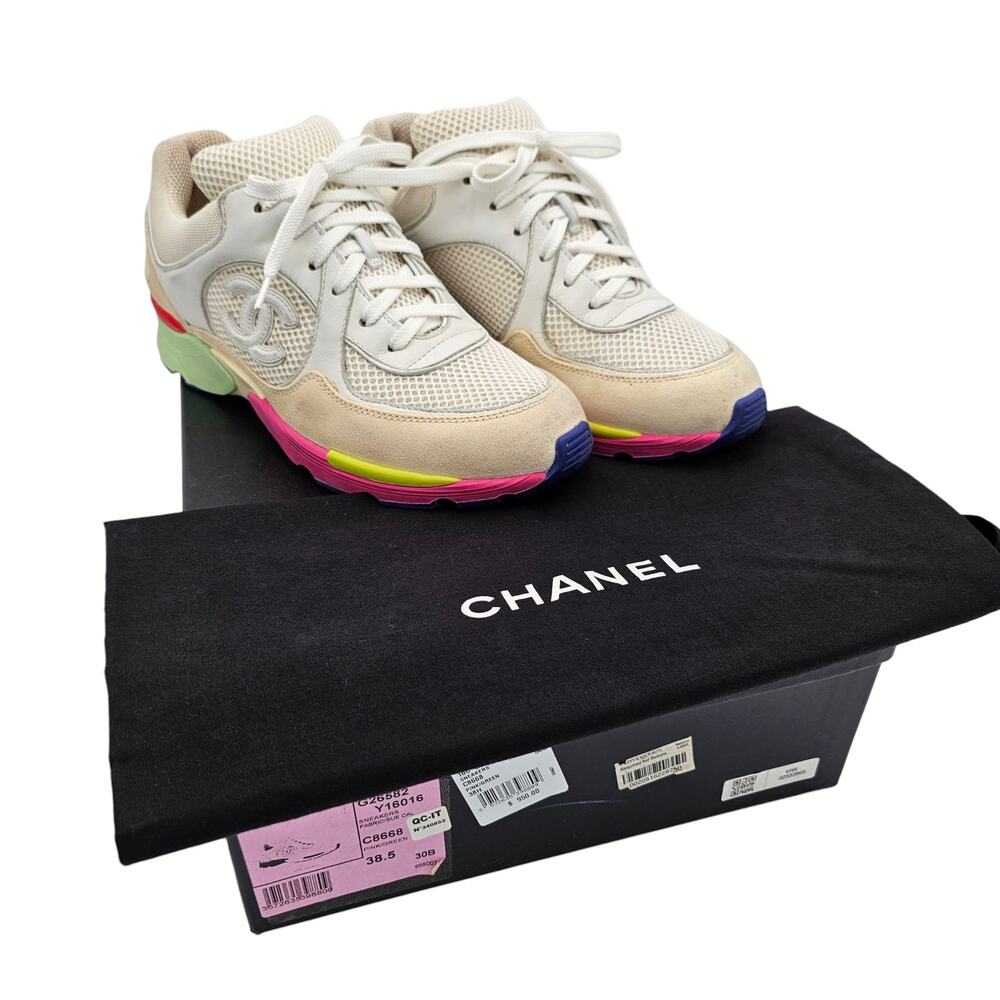 Chanel 16C CC Sneakers Cream Pink Green Suede Low Lace Up Size 38.5 US 7.5 8 - Picture 2 of 11